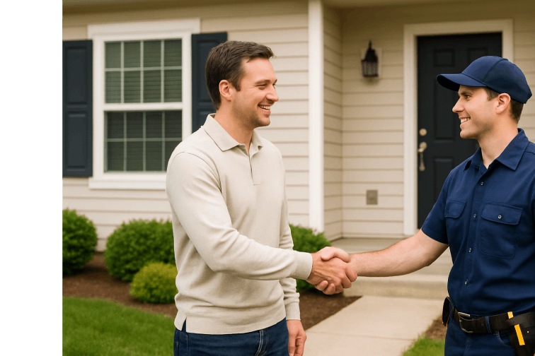 Man and technician in front of house